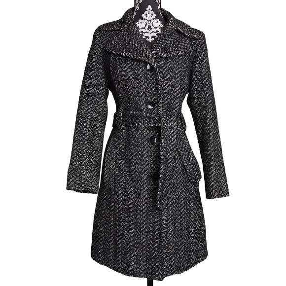 Anne Klein Jackets & Blazers - Women's Grey Black Preppy Classic Tweed Anne Klein Button Up Belted Midi Coat